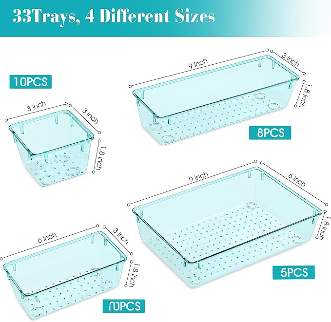 StorMiracle 33 PCS Clear Plastic Drawer Organizers Set, 4 Size Desk Drawer Organizer Trays for Makeup, Jewelry, Kitchen Utensils, Gadgets and Office Accessories, Sea Blue