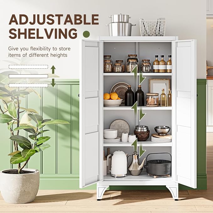Letaya Metal Storage Cabinet with Doors and Shelves,47.3" H Bathroom Floor Kitchen Pantry Utility Cupboard Dining Home Office/Garage Organizers,White