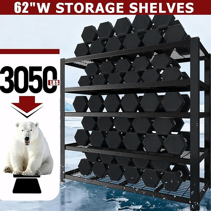 62" W 3050LBS Storage Shelves Unit,5 Tier Heavy Duty Metal Shelving Unit and Storage Large Rack,72" H x62 W x24 D Adjustable Metal Shelving Unit,Garage Shelves for Basement,Warehouse