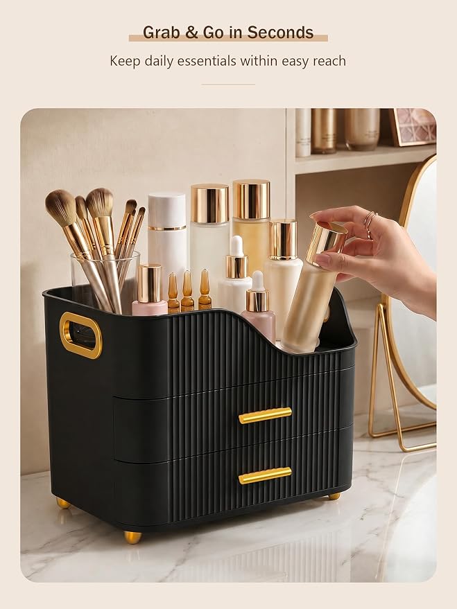 Booklov Large Makeup Organizer for Vanity, Bathroom Countertop, Black | Plastic Cosmetic Display Case with Drawers, Beauty Brush Holder for Dresser Counter Skincare Eyeshadow Lipstick Storage