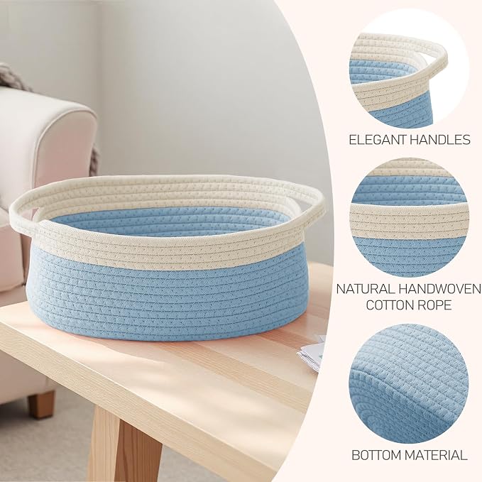 JMvicyroam Small Woven Basket, Empty Gift Basket, White&Blue/2 Pack | Small Gift Basket, Cotton Rope, 12 x 8 x 64 in, Handles, Includes Ribbon and Bag, Birthday Gift Basket
