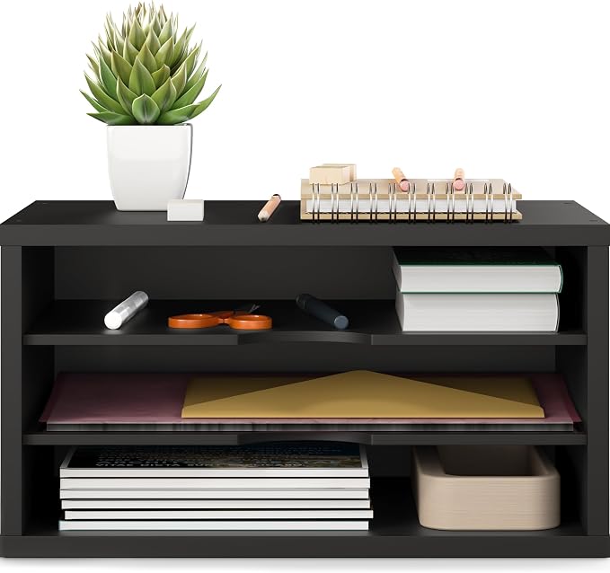 Ballucci File Organizer, 3-Tier Document Paper Sorter, Stackable Wood Desk Organizer, Mail Sorter and Monitor Stand with Storage Shelves, Black