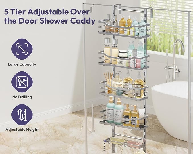 SWTYMIKI Over the Door Shower Caddy - 5 Tier Adjustable Shower Organizer Hanging with Soap Holder, No Drilling Stainless Steel Bathroom Rack Hanging for Body Wash, Shampoo, Soap, Razor, Silver