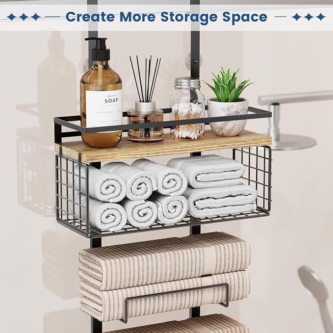 Aetyord Towel Racks for Bathroom Over The Door Towel Racks Towel Storage Organizer with Metal Shelf Basket for Bathroom Rv Camper (7-Tier Black with Wood Plank)