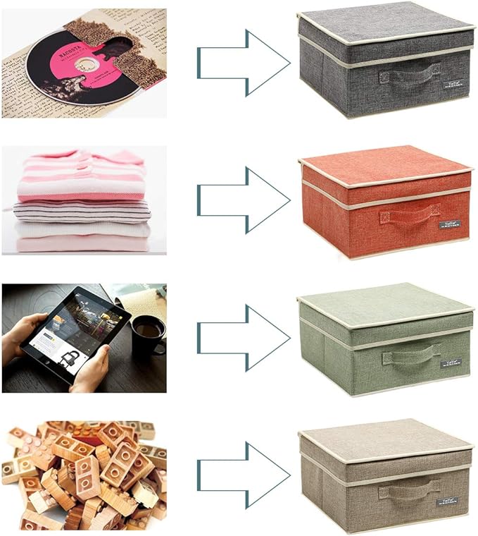 YueYue Fabric Storage Bins with Lids Small 4 Pack, Linen Foldable Storage Box with lids 4 Color Set 12.4in/12in/6.7in