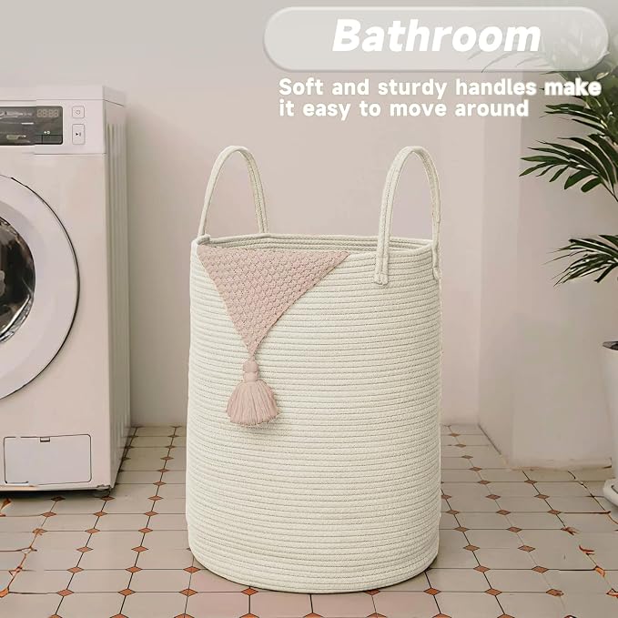 JMvicyroam 60L Cotton Rope Laundry Basket Hamper, White | Collapsible laundry basket, reinforced handles, freestanding, machine washable, holds 3-5 thick blankets, clothes or toys