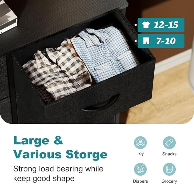 OLIXIS 8 Drawer Storage Dresser for Bedroom, Black Closet Organizers Units | Fabric Dresser with Wooden Top, Chest of Drawers Clothes Storage, Tower Cabinet for Living Room, TV Stand Furniture