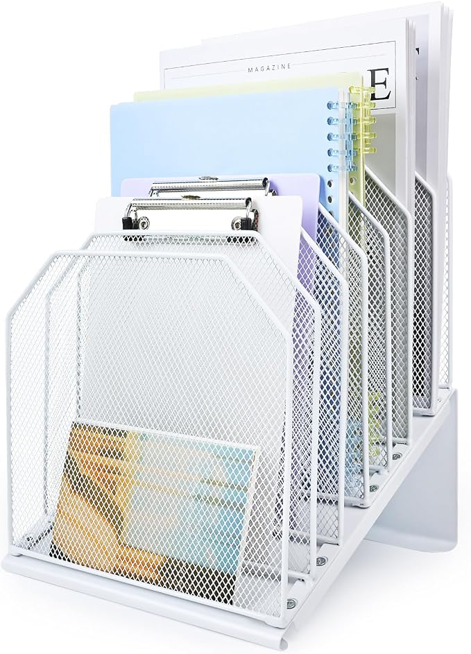 SUMMORO Inclined File Organizer for Desk, 7-Tier Vertical File Folder Holder Office Desk Organizer Metal Rack File Wire Mesh Desktop Document Sorter for Office School Classroom Home (White)