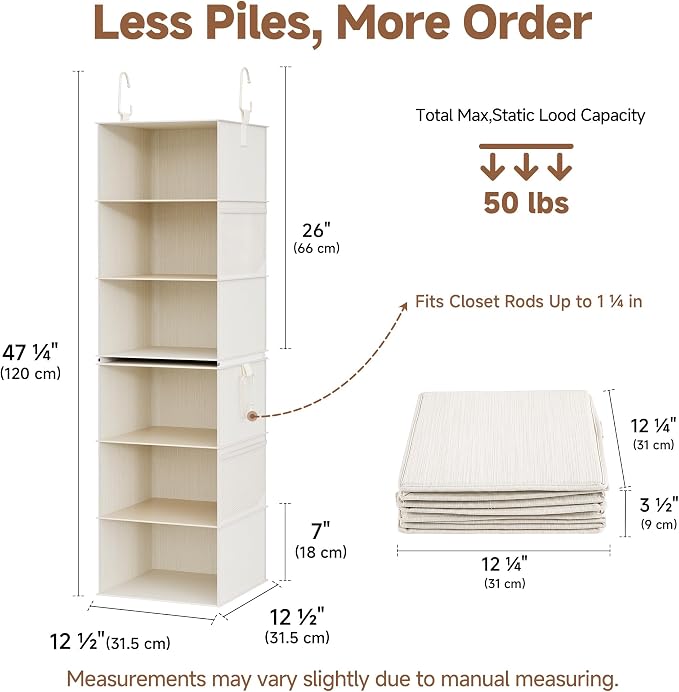 StorageWorks 6-Shelf Closet Organizers, Two 3-Shelf Separable Hanging Shelves for Closet, 12 1⁄2" D x 12 1⁄2" W x 47 ¼" H, Mixing of Beige, White & Ivory