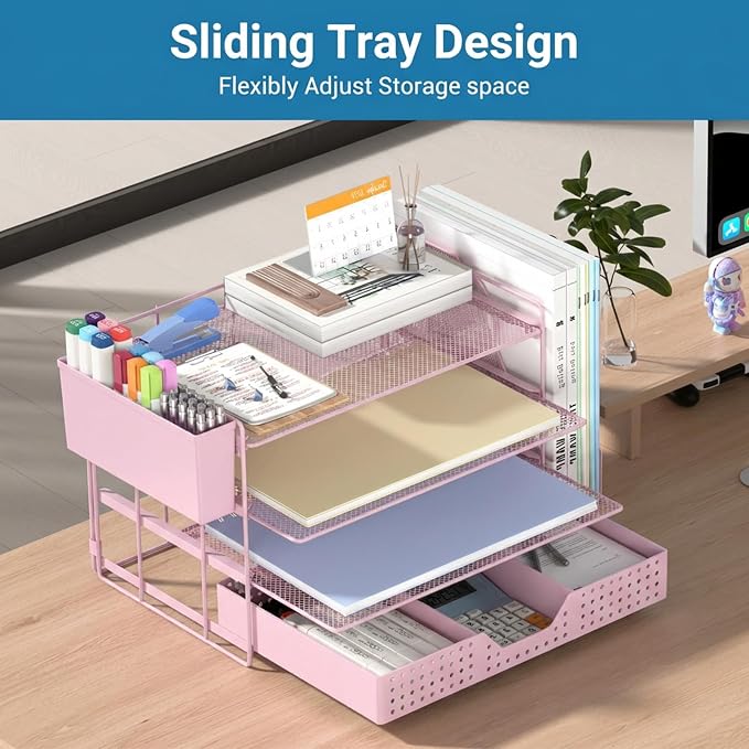 ECOLOVI Desk Organizer, 4-Tier Paper Organizer Letter Tray with File Holder, Drawer and 2 Pen Holders, Desktop File Organizer for Office Supplies, Workspace Storage, Pink