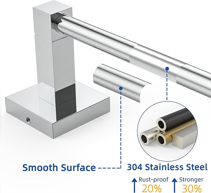 RUACQ Towel Bar 18" Towel Racks for Bathroom Wall Mounted, Chrome | One-Piece Bath Towel Holder, Total Length 20 Inch Single Towel Rod, 304 Stainless Steel Rustproof, Square Base, Heavy Duty