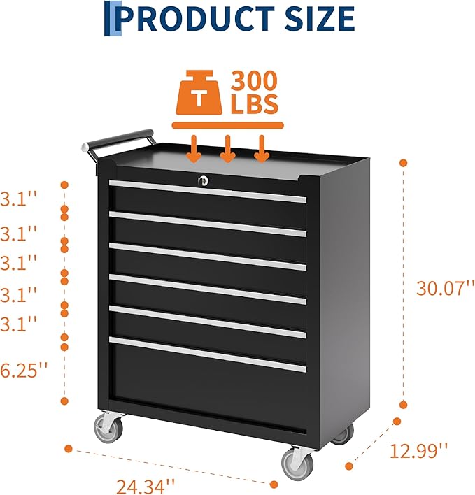Garvee Rolling Tool Chest, 6 Drawers Tool Storage Cabinet, Toolbox with Wheels, Portable Tool Cabinet Organizer with Locking System & Drawer Liners, Tool Storage Cart for Garage, Workshop, Black