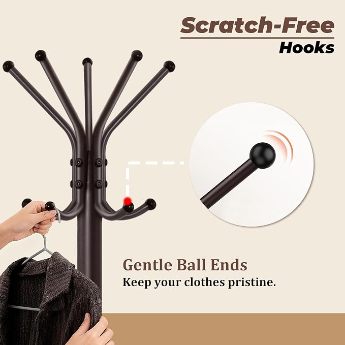 Metal Coat Rack, Freestanding Coat Tree & Hall Tree with 15 Hooks, Sturdy Coat Rack Stand and Hat Rack, Coat Hanger for Entryway, Bedroom, Office for Jackets, Hats, Bags,Brown