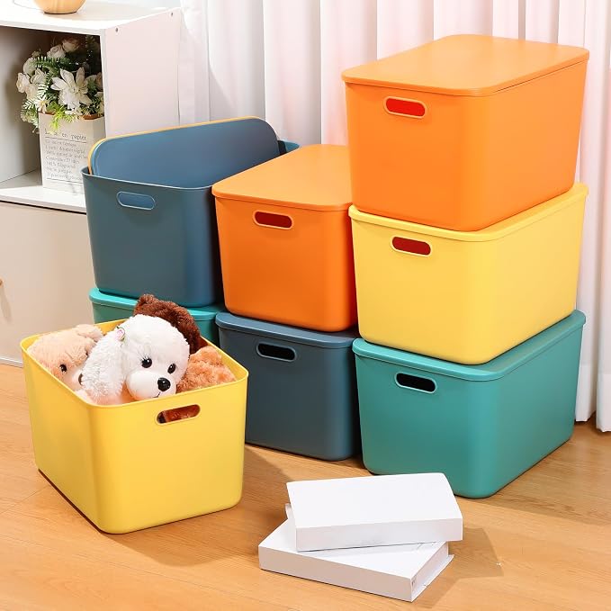 8 Pieces Colorful Storage Bins with Lid, Plastic Storage Basket Organizing Container Stackable Box with Handle for Shelves Desktop Playroom Office(16.1 x 12.0 x 9.7 Inch,Multi-colored)