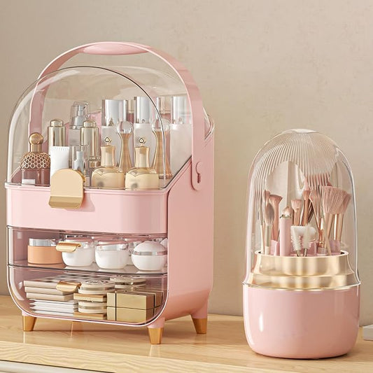 Makeup Organizer Countertop, Skincare Holder Bathroom Counter Organizer, Storage Box Cosmetic Display Cases, Teen Girl Gifts Make up Organizers (Pink/Brush)