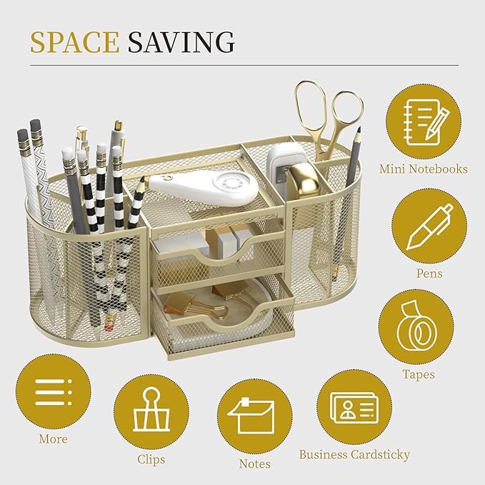 Mesh Desk Organizer, Desk Organizers and Accessories, Pen Holder with Drawers, Pencil Holder for Desk with 2 Drawer for Office Supplies, Golden yellow