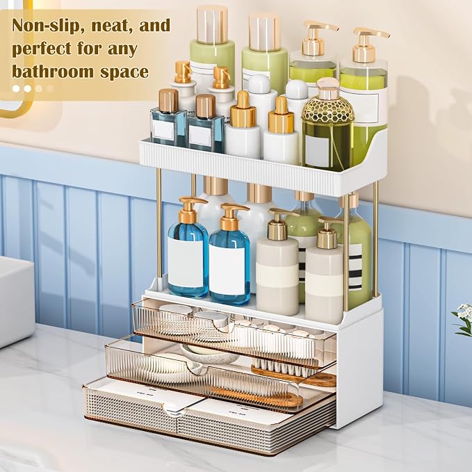 caktraie 3-Drawer 2-Tier Acrylic Makeup & Bathroom Vanity Organizer | Amber,3 smooth drawers, 2 open shelves, dustproof, wipe clean, for large skincare, perfumes, lipsticks, dresser, counter
