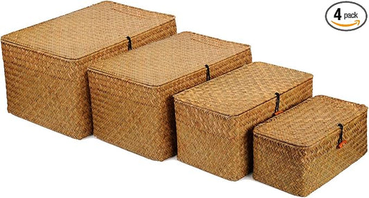 4 Pack, Wicker Baskets with Lids, Natural Seagrass Storage Baskets, Woven Rectangular Basket Bins, Rattan Storage Organizer for Shelf