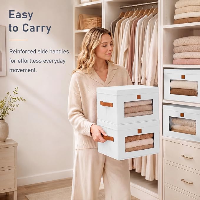 DIMJ Storage Bins with Lids - 4 Pack Front Opening Stackable Fabric Storage Boxes with Clear Window & Handles, Collapsible Closet Organizers for Clothes, Sweaters, Shelf Storage, Bedroom, White