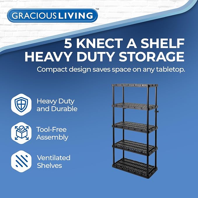 Gracious Living 2-Pack 5 Shelf Unit, Storage Shelves and Rack for Home | Multipurpose and Heavy-Duty Garage Plastic Shelving Organizer - Ideal for Kitchen, Closet, and Pantry, Black