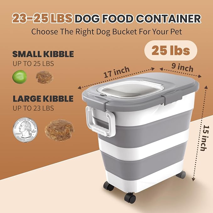 23-25Lbs Airtight Dog Food Storage Container,Collapsible Dog Food Container | Large Pet Food Storage Container with Lid,Wheels,Handle,Scoop,Small Cat Food Container for Dog Cat