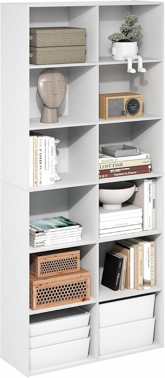 Furinno Basic Book Shelf, 12-Cube Bookshelf, Bookcase with Open Shelf, Cube Storage Organizer, 12 x 32 x 71, for Living Room, Home Office, White