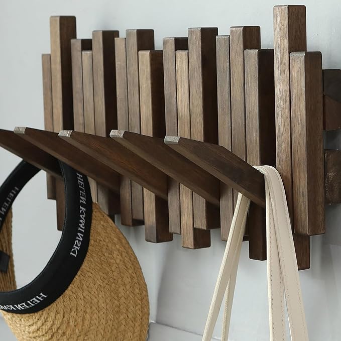 Natural Wood Wall Mounted Piano Coat Rack| Coat Rack Wall Mount| Flip Down Wall Hook Rack 5 Hooks| Entryway Coat Rack,Made of Acacia Wood (Walnut Color Dyed with Wood Wax Oil).Wall Art