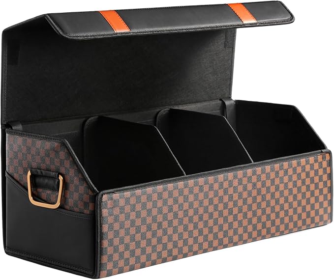 Fyzeoty Car Trunk Organizer for SUV and Sedan, Orange‑Stripe Plaid, 29.5 in | Dual‑Material Dual‑Tone Craft, Extra Large, Leather Storage Box, Magnetic Lid, Collapsible & Adj, Water‑Resist & Dust‑Proof