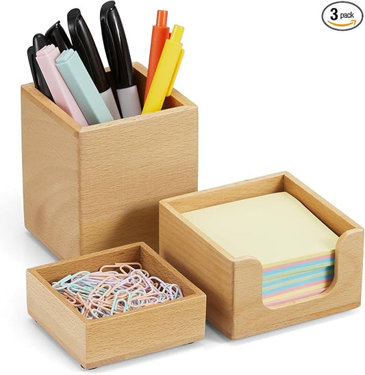 Desk Organizer Set of 3 - Wood Office Desk Accessories - Desk Organizers and Accessories for Women Men - Set incl. Pencil Pen Holder, Paperclip Storage and Sticky Note Holder