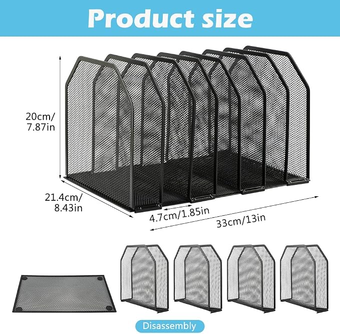 7-Section Vertical Mesh File Sorter, Black Metal Desktop Document Organizer with Extra Wide Spacing, Metal Paper Holder for Home Office Classroom Desk Storage