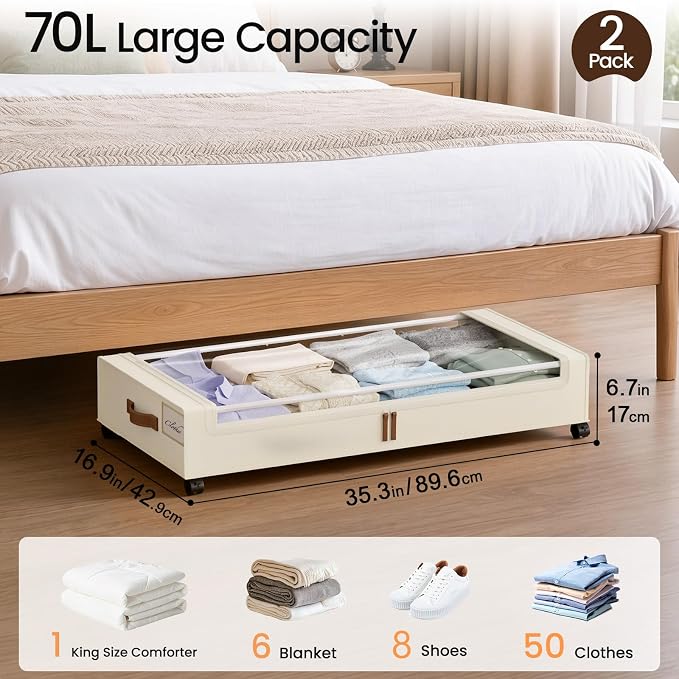 Yecaye 70L Large Under Bed Storage Containers with Wheels, 2 Pack, Beige | Larger Capacity, 360° Rolling Wheels, Clear Window & Label, Sturdy Fabric, Rolling Metal Drawers for Clothes, Shoes, Blankets