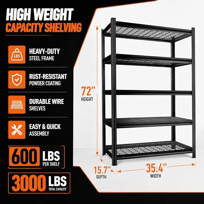 PRESTELION Garage Shelving 3000LBS Garage Storage Shelves 5-Tier Heavy Duty Shelf Adjustable Metal Shelving Units for Basement, Commercial, Warehouse, Industrial, 72" H×35.4" W×15.7" D, Black
