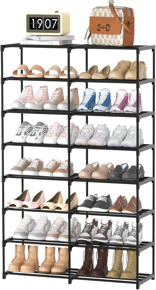 Large Shoe Rack Organizer, 2-Row 8-Tier Tall Shoe Storage Shelf for Closet, Entryway, Garage, Metal Free Standing Shoe Holder for 28-32 Pairs Shoes, Sturdy Stackable Shoe Stand for Bedroom