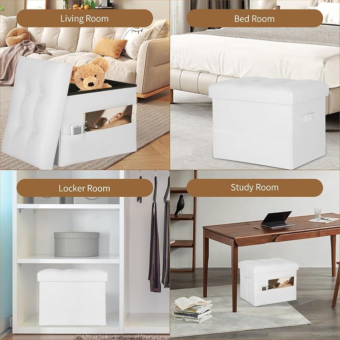 Ottoman with Storage. Folding Foot Stool with Thick Foam Padded Seat White | Leather Small Ottoman Foot Rest for Living Room Bedroom Dorm. Foot Stools Ottoman Side Pockets & Handles Designed, 17x13x13in