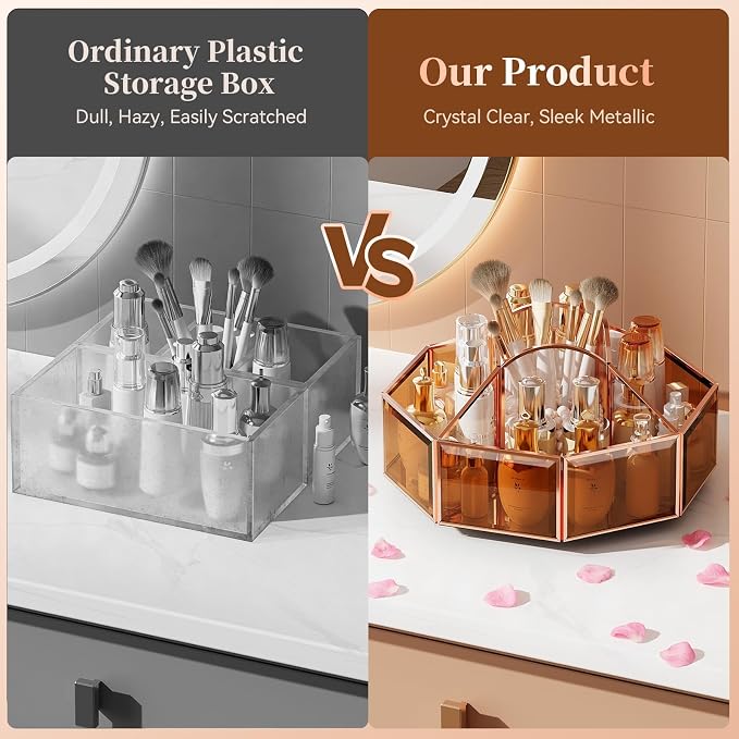 CoralHouse Rotating Glass Makeup Organizer for Vanity with Brush Holder | 5 clear compartments organize lipstick, perfume, palettes and skincare on a vanity, bathroom countertop or beauty station