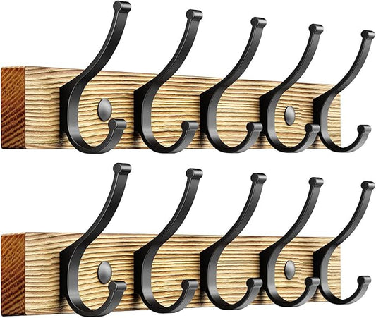 Optish Coat Rack Wall Mount, 16.5 Inches Wood Coat Hooks Wall Mount, Wall Coat Rack with 5 Hooks, Hat Rack Wall Hooks for Hanging Coat, Bag, Towel (2Pack, Natural)