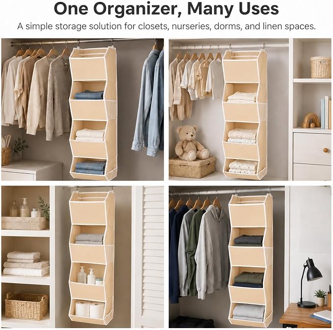 4-Shelf Hanging Closet Organizer and Storage, Fabric Storage Bins Bedroom Organization with Mesh Pockets, Collapsible Hanging Shelves Wardrobe Organization for Home, Dorm, Rv (Beige)