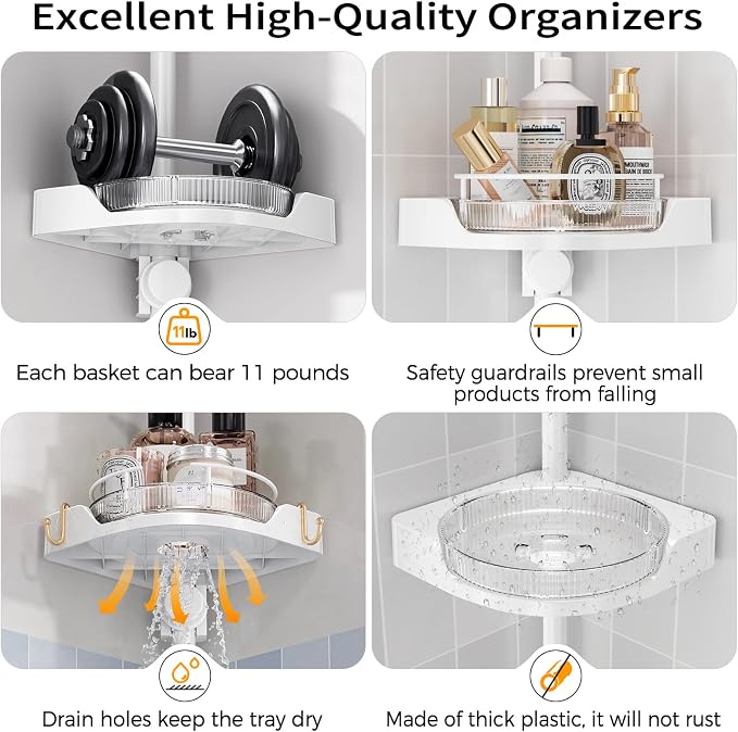 360° Rotating Corner Shower Caddy Tension Pole Organizer (White) | 4-Tier rotating shelves with hooks, adjustable tray height, upgraded rustproof metal pole, removable trays for shower storage