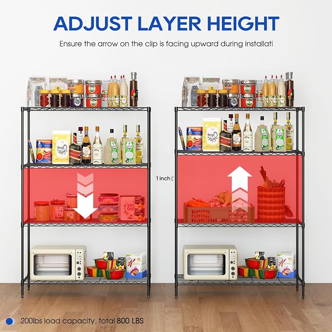 FDW | 4-Tier Wire Shelf | 35" x 13" x 53" | Black | Storage Shelves with Adjustable Racks, Holds upto 800 lbs | Rust-Resistant, No-Tool Assembly | For Home, Garage