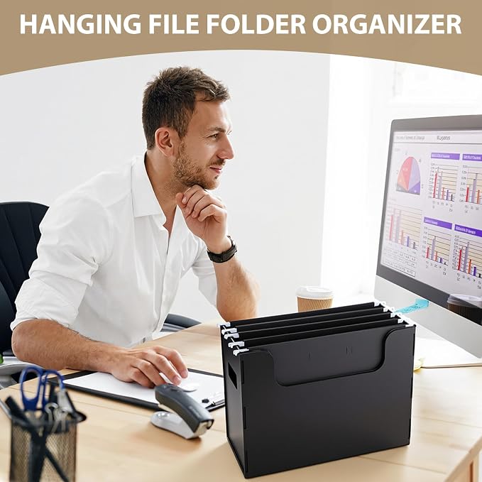 8 Pcs Portable Desktop File, Side Handles, Filing Organizer, Hanging File Folders, Letter Size for Schools Office Home (Black)