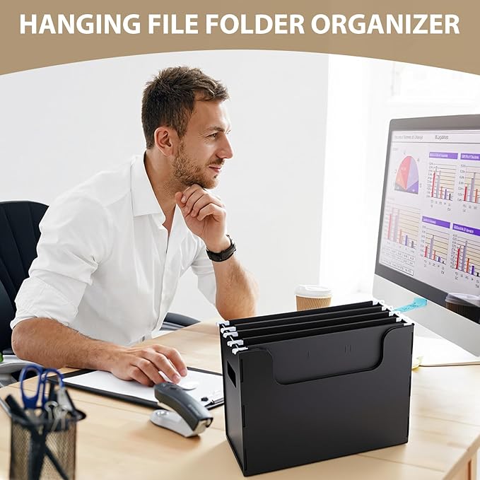 12 Pcs Portable Desktop File, Side Handles, Filing Organizer, Hanging File Folders, Letter Size for Schools Office Home (Black)