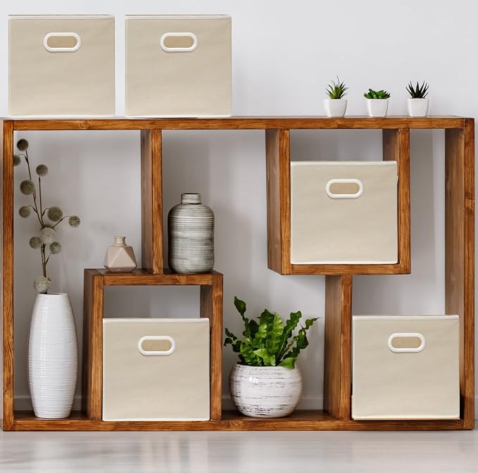 Simple Houseware 11-Inch Foldable Cube Storage Bins with Handles, Beige | 6-Pack Lightweight & Durable Structure Fabric Cubes Organizer for Closet or Shelves