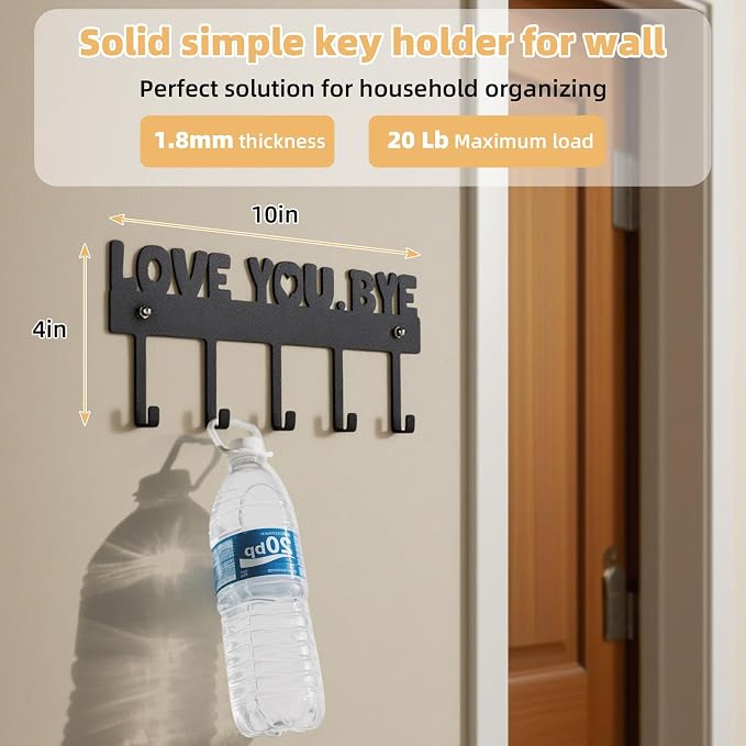 Key Holder Wall Mount, No Drill Adhesive, Black, 5 Hooks | 'Love You.Bye' Entryway Organizer, Metal, 10x4 Inch, Screws Installation