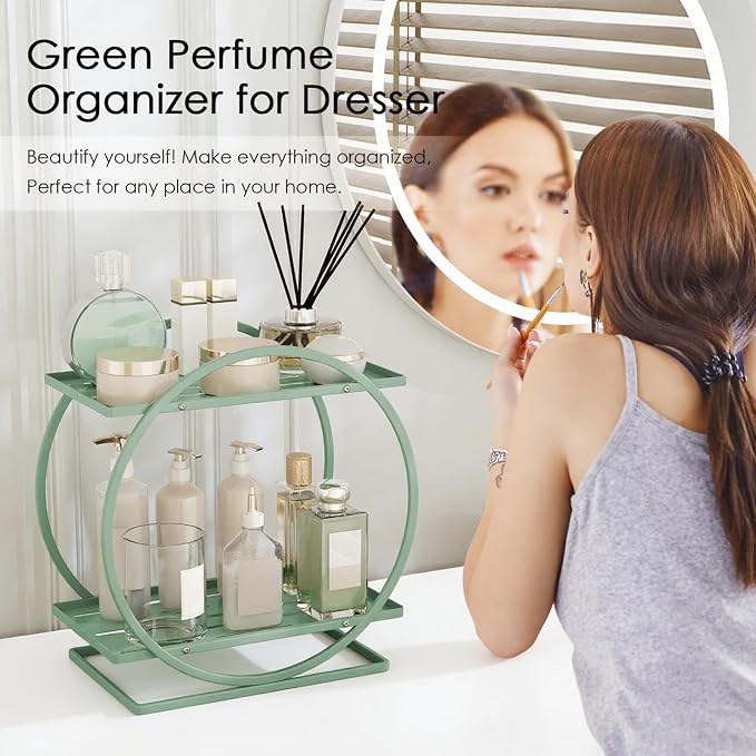 Perfume Organizer for Dresser, 2-Tier Bathroom Counter Organizer | Round Perfume Holder, Makeup Organizer for Vanity, Green Bathroom Organizer Countertop Shelf, Perfume Tray Skincare Storage