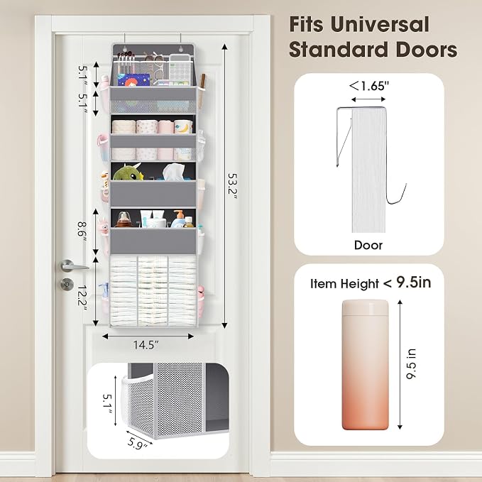 WISELIFE 5-Tier Over the Door Organizer for Nursery Hanging, Gray | Multi-Pocket Back of Door Baby Organizer for Diapers, Clothes & Nursery Essentials, Heavy-Duty Large Capacity, 50 Lb Capacity