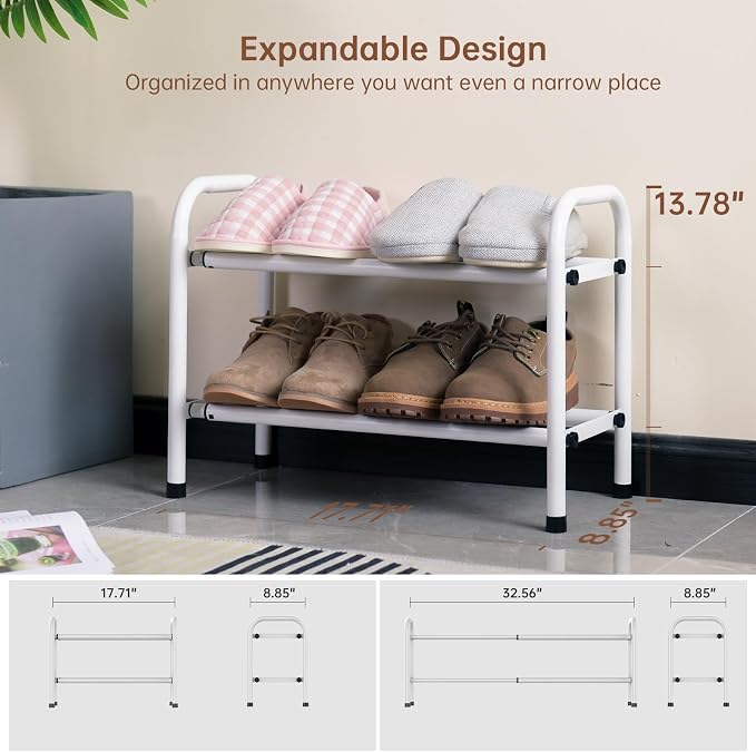 Gonfoam Expandable 2-Tier Shoe Rack for Closet and Entryway, White | Tool-Free Assembly, Metal Material, Adjustable Shoe Organizer, Sturdy, Small Space Solution, Dorms, Garages, Apartments.