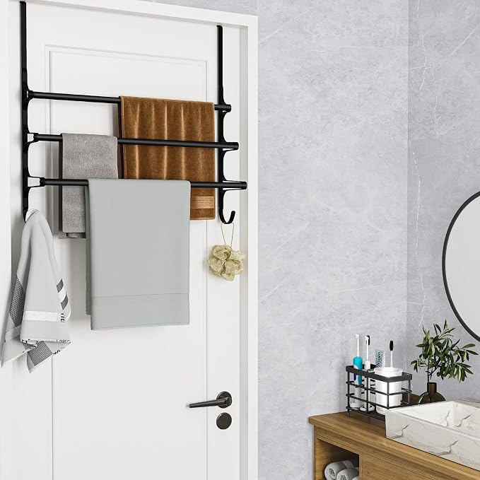 CANYAVE Over The Door Towel Rack, Over Door Towel Rack for Bathroom Door, Triple Towel Storage Holder with Hooks (Matte Black, 20.15" L)