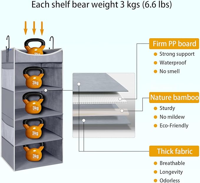 4-Shelf Hanging Closet Organizer and Storage with 4 Side Pockets, Collapsible Closet Hanging Shelves for Storage, Grey