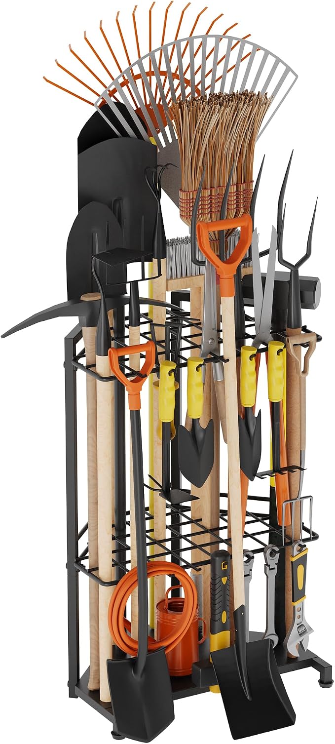 Garden Tool Organizer for Corner - Heavy Duty Metal Rack with 34 Storage Compartments & 14 Hooks for Shovels, Rakes, Long-Handled Tools, Ideal for Garden, Shed, Garage Storage