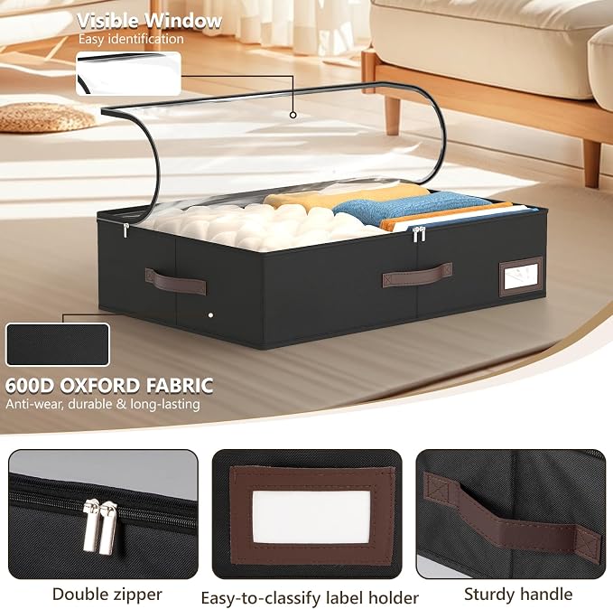 OIAHOMY 2 Pack Under Bed Storage with Handles, Underbed Container for Bedroom & Closet, Fits Beds Higher than 6", Under the Bed Storage for Seasonal Clothes, Blankets & Shoes - Black
